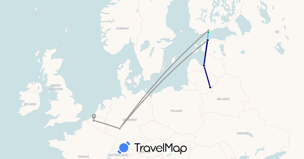 TravelMap itinerary: driving, bus, plane, boat in Belgium, Germany, Estonia, Finland, Lithuania, Latvia (Europe)